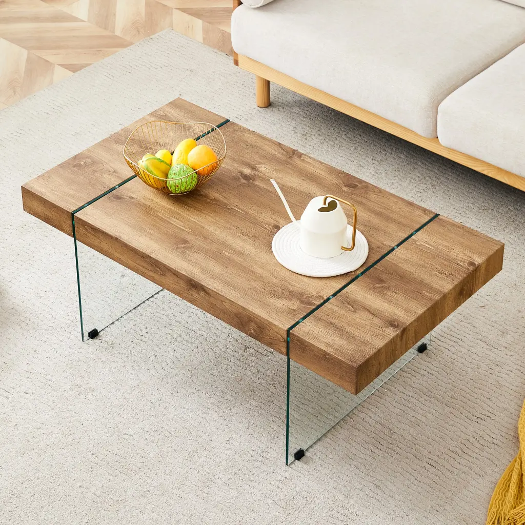 43.3x23.6 Inch Wood Texture Sticker MDF Coffee Table Tempered Glass Top droom w-1151