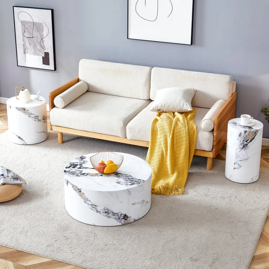 Modern Minimalist Set 3 Cylinder Stone Patterned MDF Coffee Tables droom w-1151