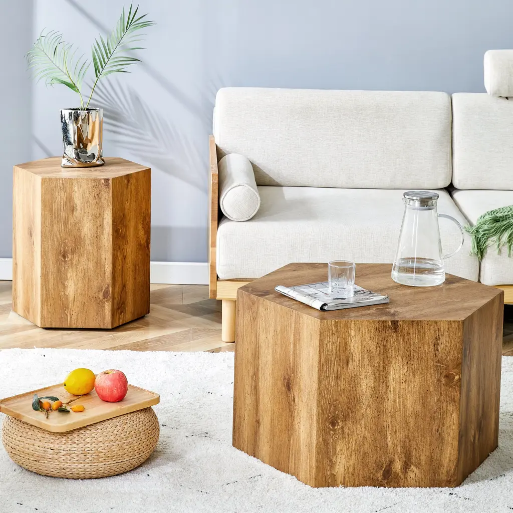 Modern Minimalist Set Two Hexagonal Timber Grain Mdf Coffee Tables droom w-1151