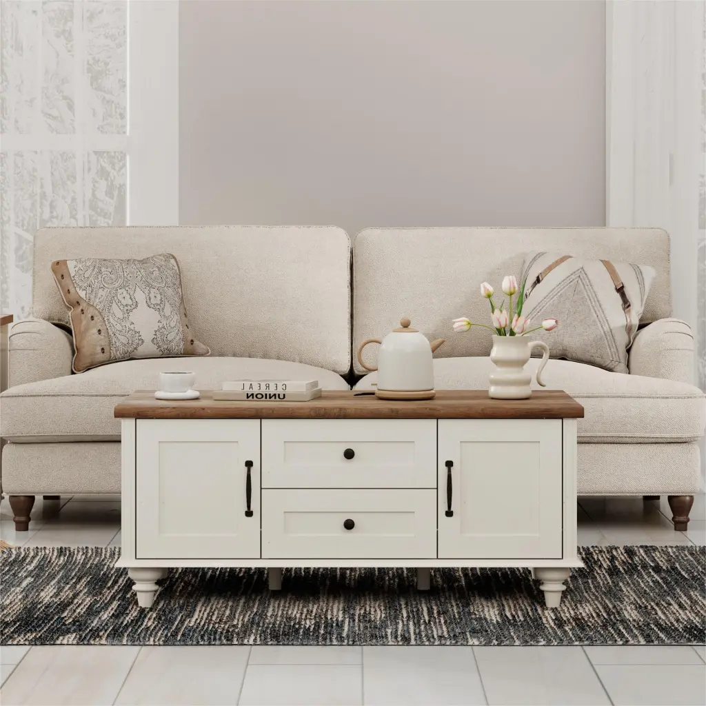 White Rectangle Coffee Table Storage Cabinet Drawer Farmhouse Center Table Living Room FITUEYES