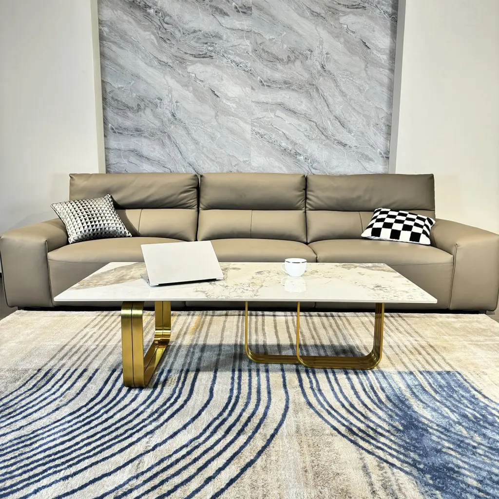 Modern Rectangular Coffee Table Sintered Marble Top Precious Metal Metallic Frame Living Room Table fjh