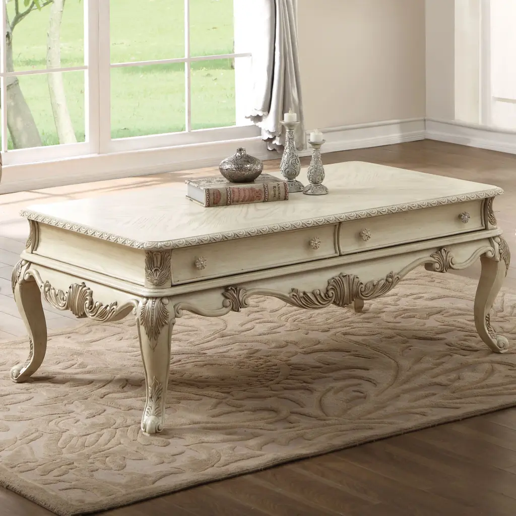 Antique White 2 Drawer Coffee Table Cabriole Legs furniture max