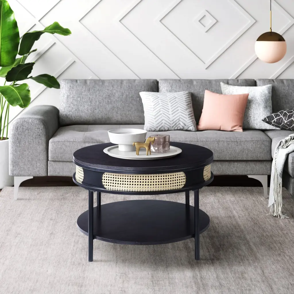 Black Round Coffee Table Bottom Shelf Living Room furniture max