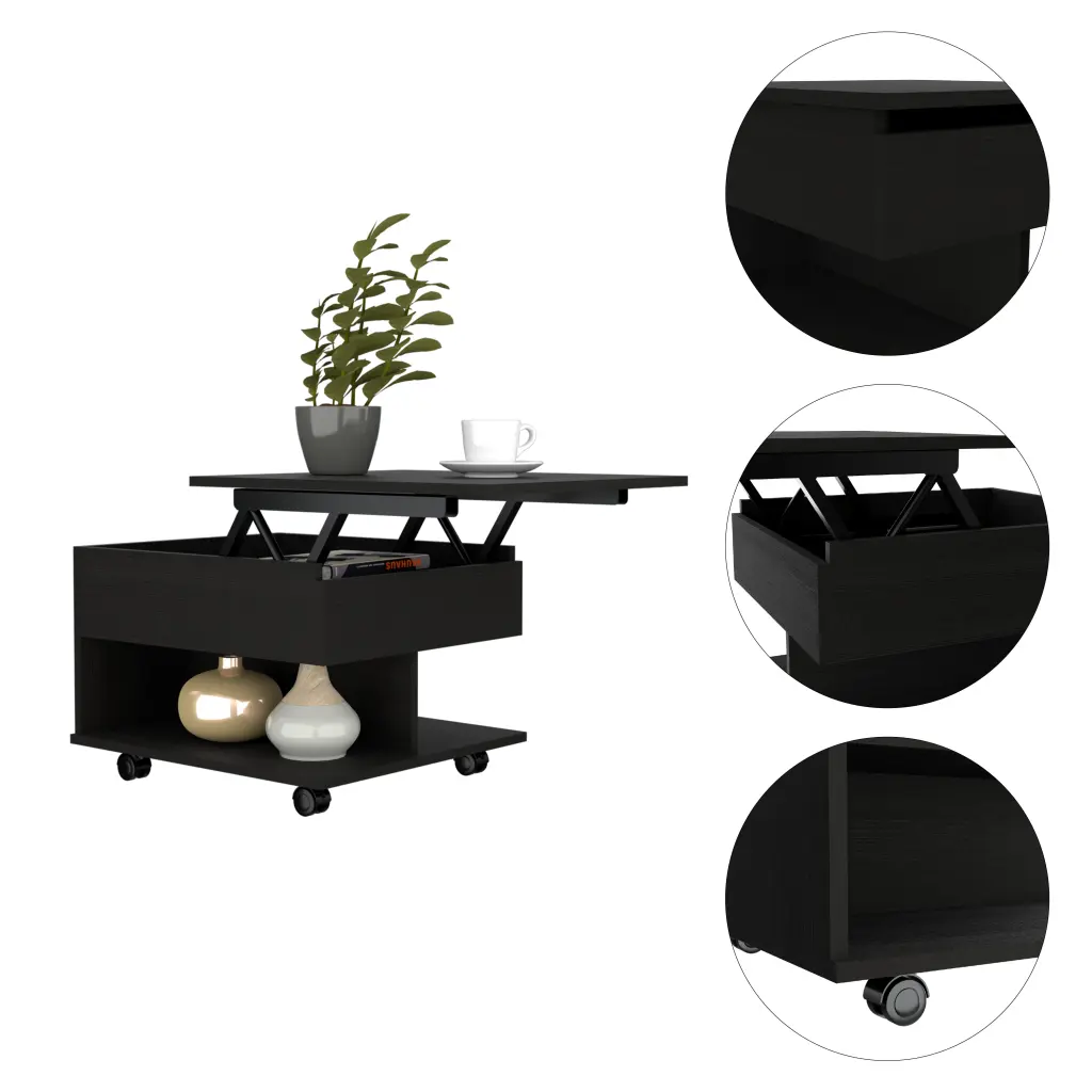 Black Wengue Lift Top Coffee Table 1 Drawer and Shelf Black Particle Board furniture max