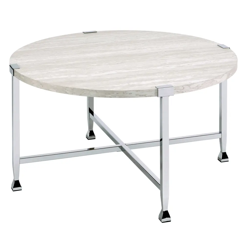 White Oak and Chrome Round Coffee Table Living Room Shiny Metal Base furniture max