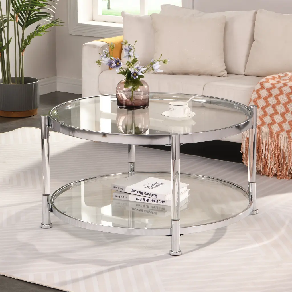 W82153572 Contemporary Acrylic Coffee Table 32.3 Inch Round Tempered Glass Top ghn
