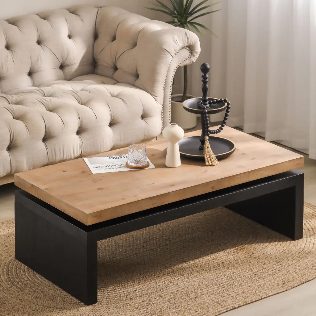 Black and Natural Timber 2 Tier Multi Functional Living Room Coffee Table grandboard home
