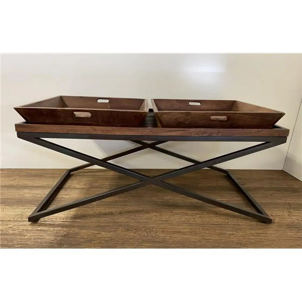 HomeRoots 387716 22 x 27 x 47 Modern Black Brown Iron Leg Wood Tray Coffee Table