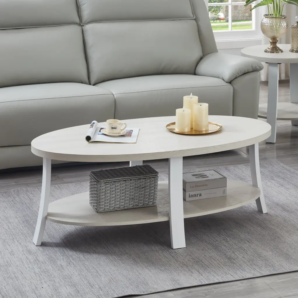 Anze Contemporary Oval Timber Shelf Coffee Table White Finish hz