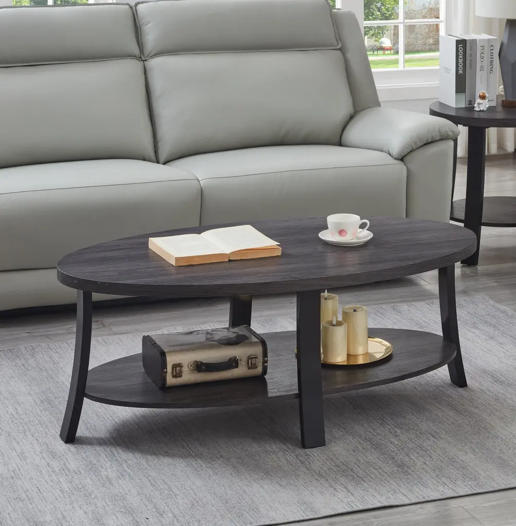 Anze Contemporary Oval Timber Shelf Coffee Table Charcoal Finish Modern Living Room hz