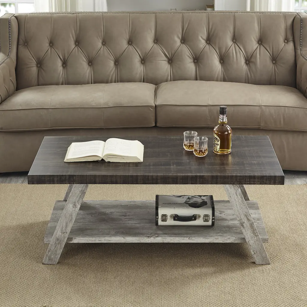 Athens Contemporary Two Tone Timber Shelf Coffee Table Weathered Walnut hz