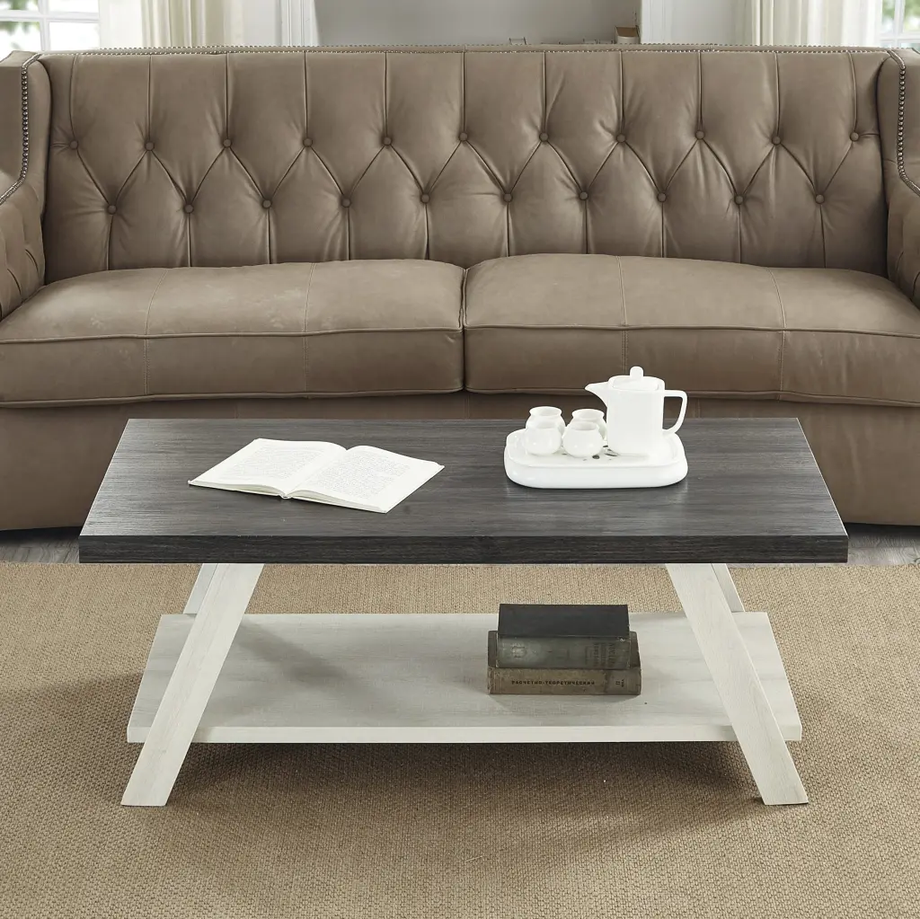 Athens Contemporary Two Tone Timber Shelf Coffee Table Weathered Char hz