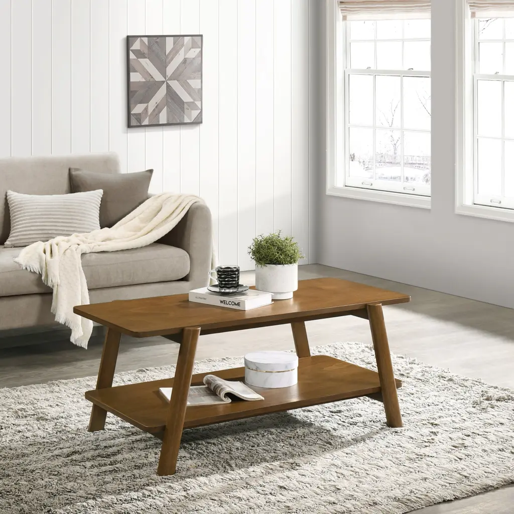Metz Mid Century Modern Wood Shelf Coffee Table Walnut Finish hz