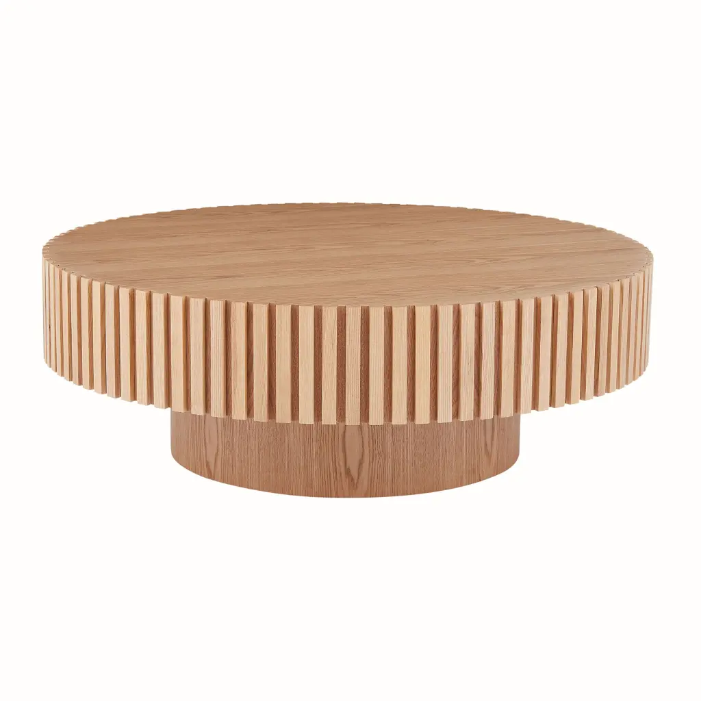 39.37 Inch Handcrafted MDF Drum Coffee Table Natural Timber justone interior