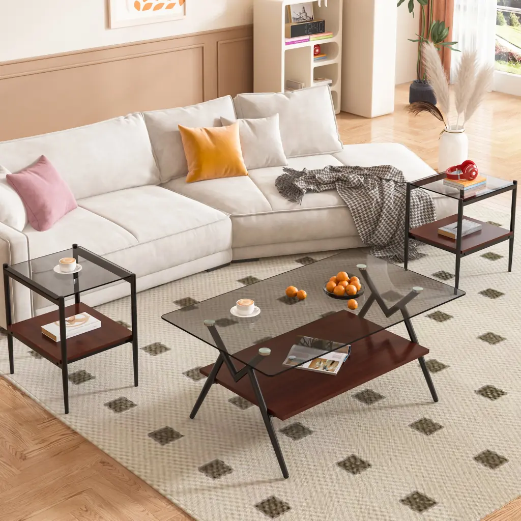 Coffee Table and End Tables Set 3 Tempered Crystal and MDF Top jws-w241