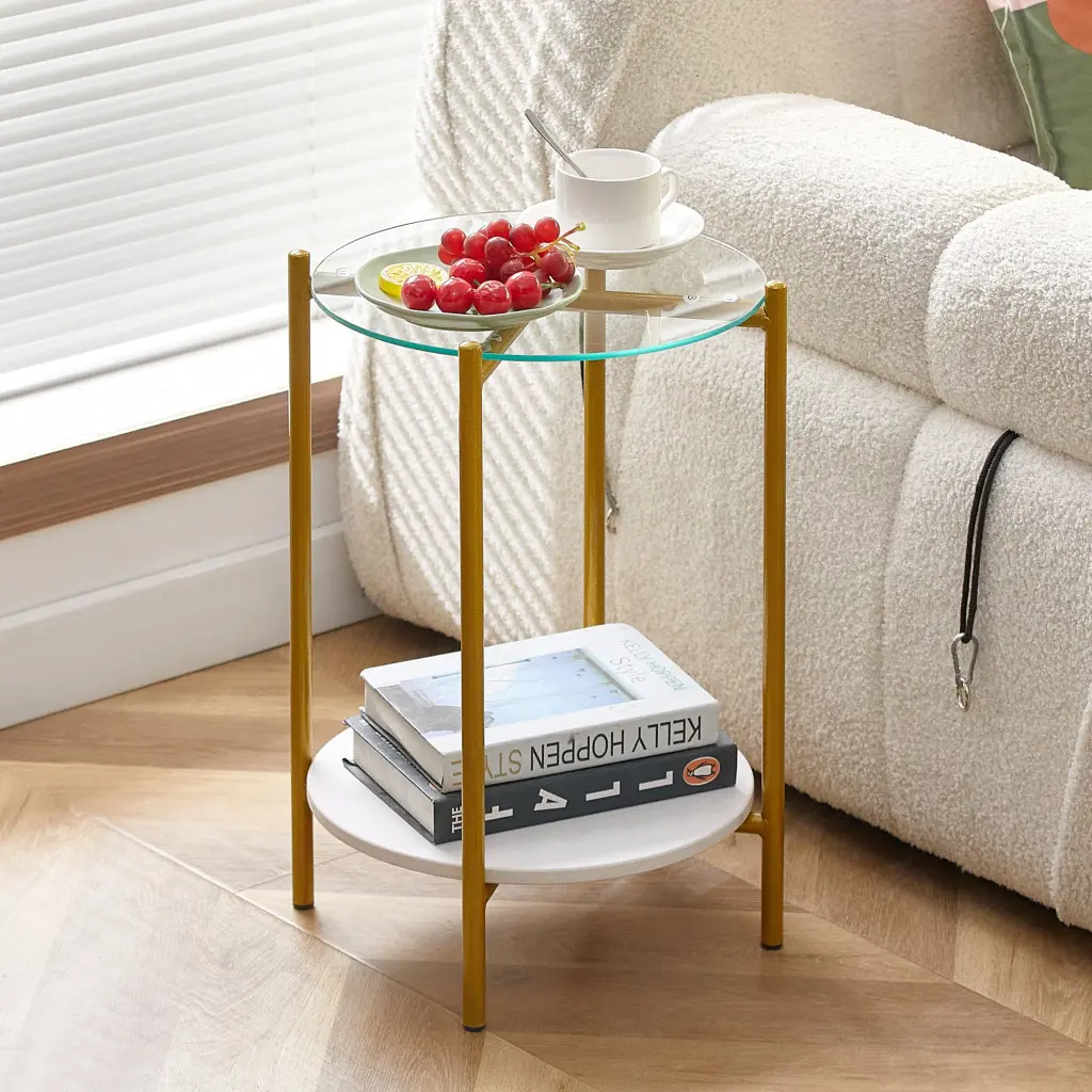 2 Layer Round Coffee Table Tempered Glass and Marble Top jws-w241