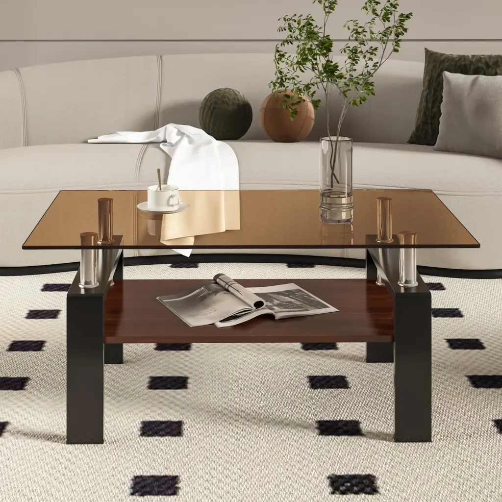 Rectangle Coffee Table Tempered Glass MDF Layer Modern Living Room jws-w241