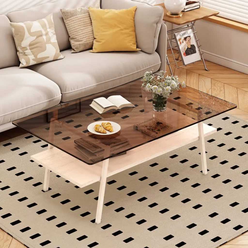 Rectangle Coffee Table Tempered Glass Top and White Metal Legs jws-w241