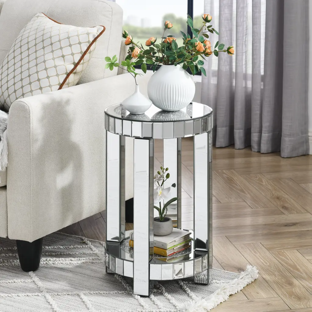Round Mirror Table Glass Inlay 2 Layer Modern Small Sofa Side Table Living Room kai lee- mirror arts-furniture factory