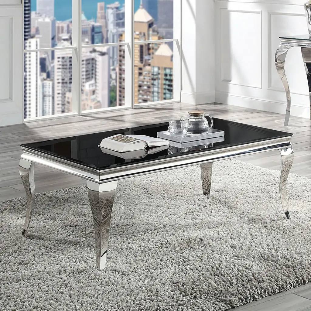 Glam Contemporary Coffee Table Black Glass Top and Silver Hue Legs kanepe