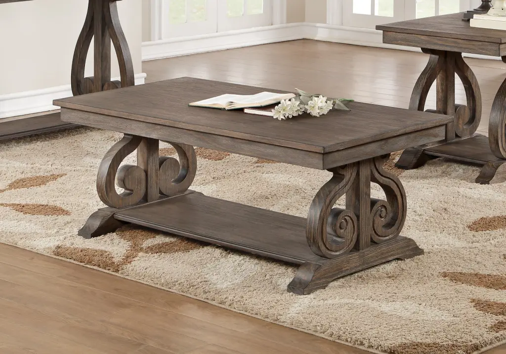 Timeless Traditional Cocktail Table Bottom Shelf Dark Oak Finish kanepe