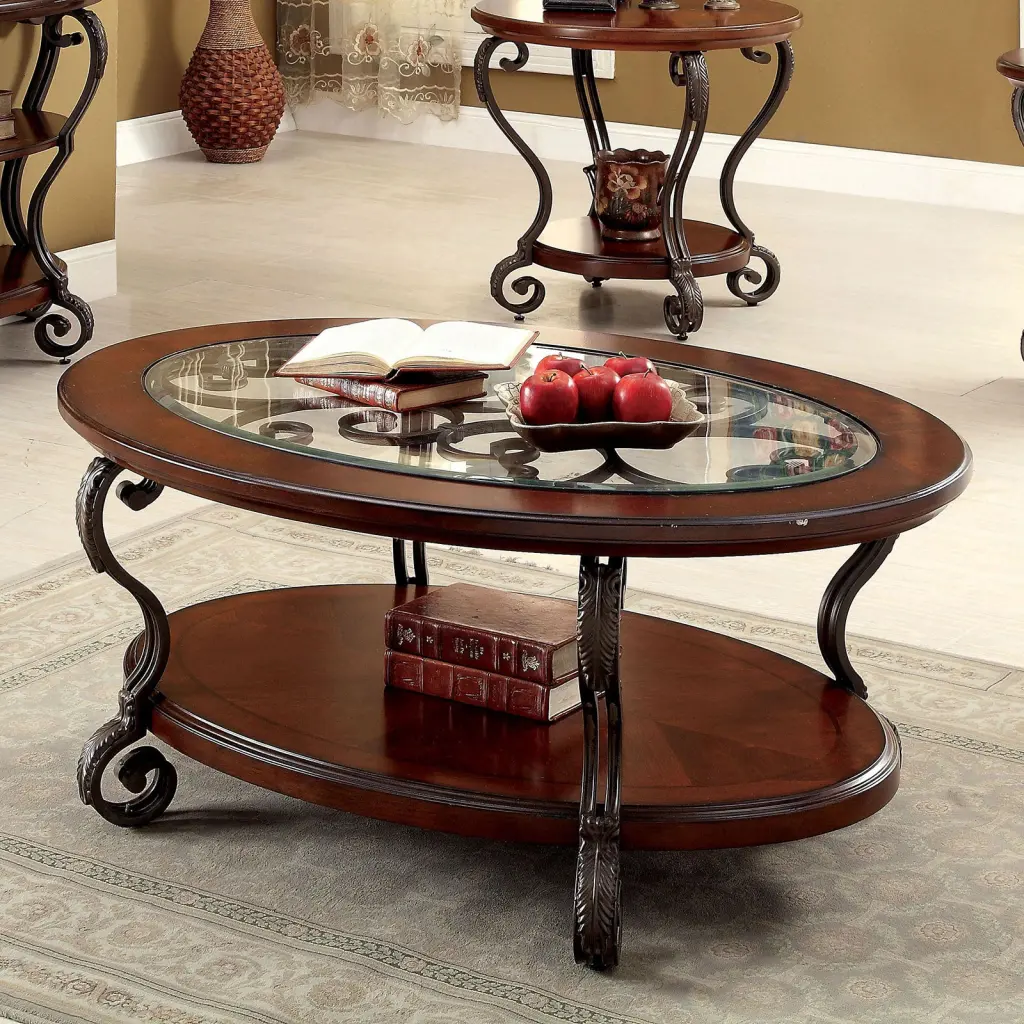 Traditional Style Brown Cherry Coffee Table Open Bottom Shelf kanepe