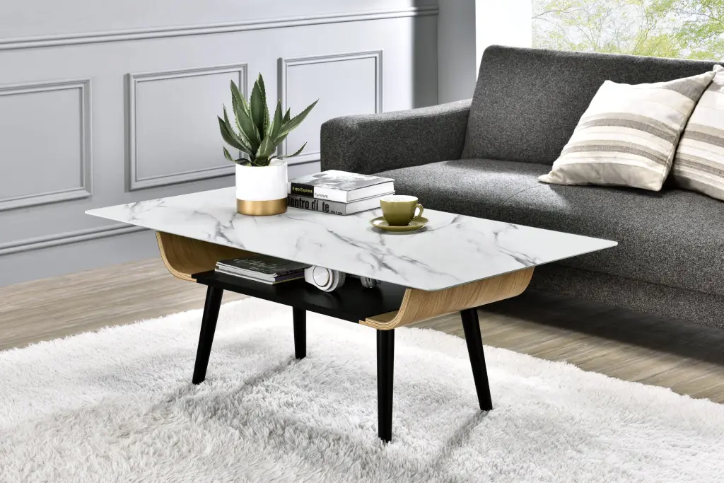 47 Inch Coffee Table White Marble Top and Bent Wood Legs lilola home