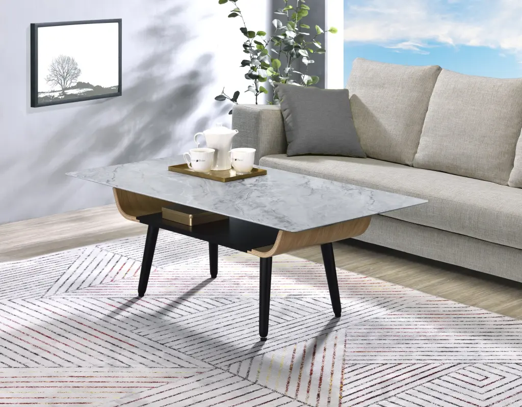 Landon 47 Inch Coffee Table Gray Marble Texture Top and Bent Wood Legs lilola home
