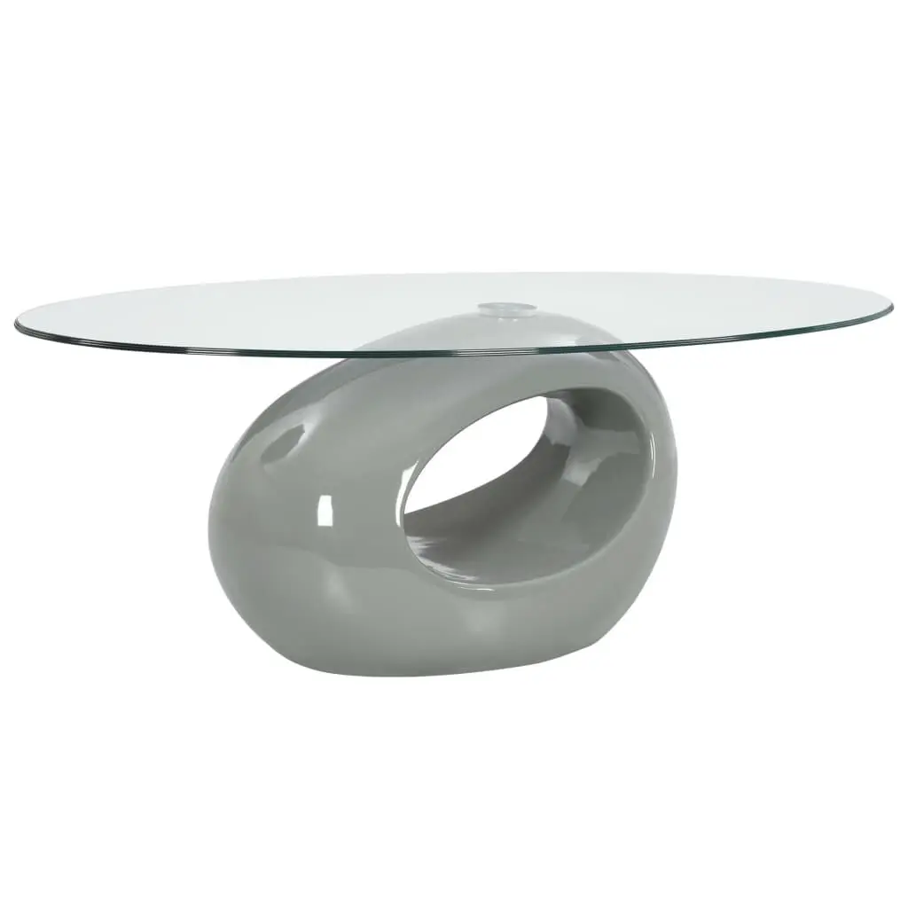 Modern Coffee Table Oval Glass Top High Gloss Gray Finish