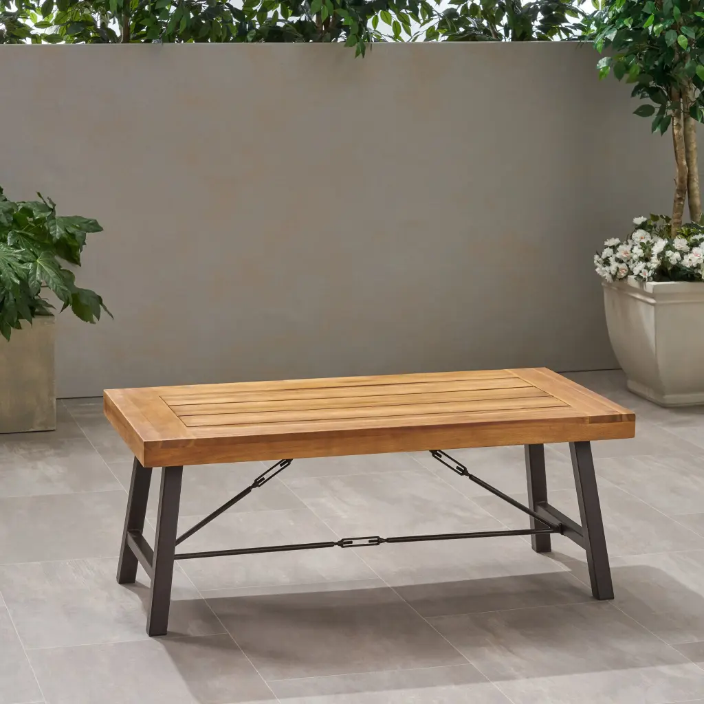Outdoor Acacia Timber Coffee Table Teak Finish Rustic Metallic Brown nh-onfind