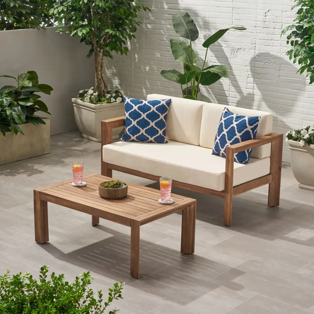 Genser Seat & Coffee Table Beige Brown Acacia Timber Modern Furniture nh-sunfay