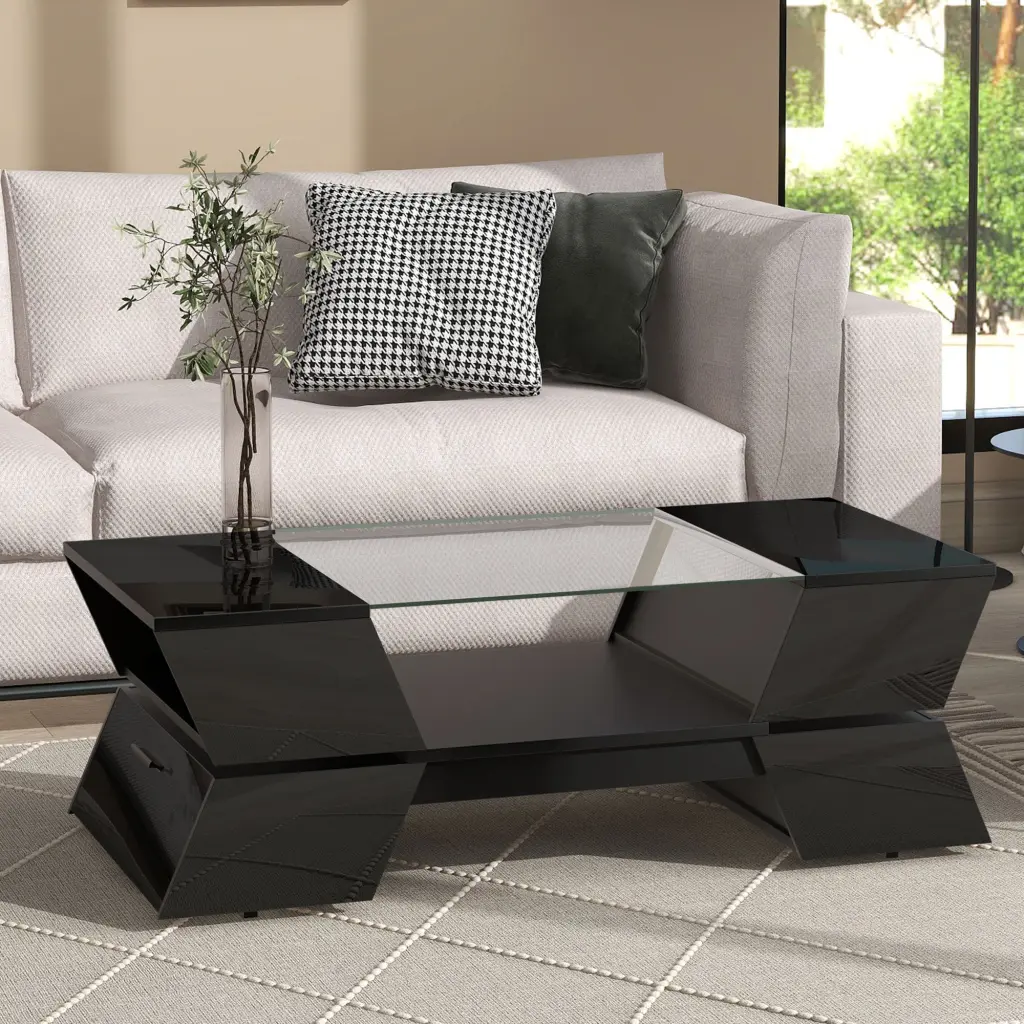 6Mm Crystal Top Coffee Table Open Shelves And Cabinets Geometric Design on-trend