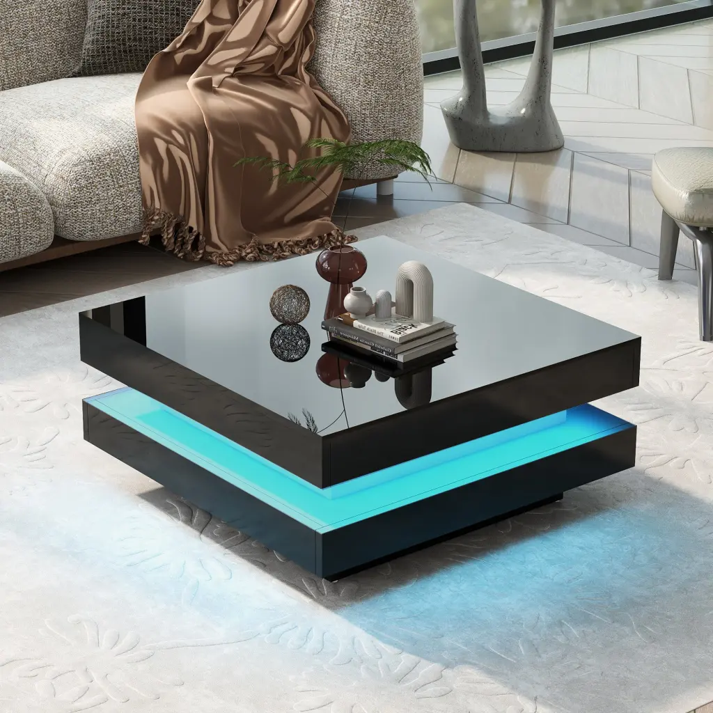 High Gloss Minimalist Design 2 Tier Square Coffee Table LED Lights on-trend