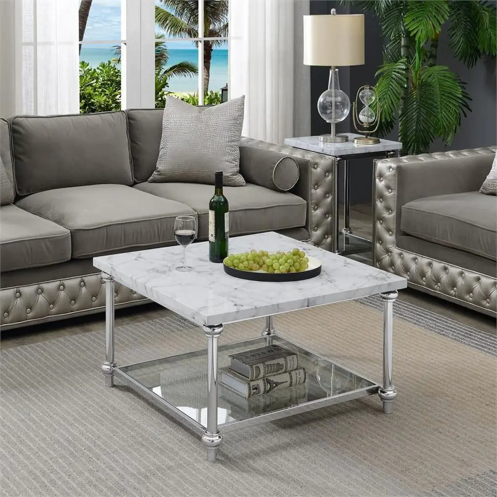 Pemberly Row Coffee Table Chrome Metal Frame and White Marble Finish