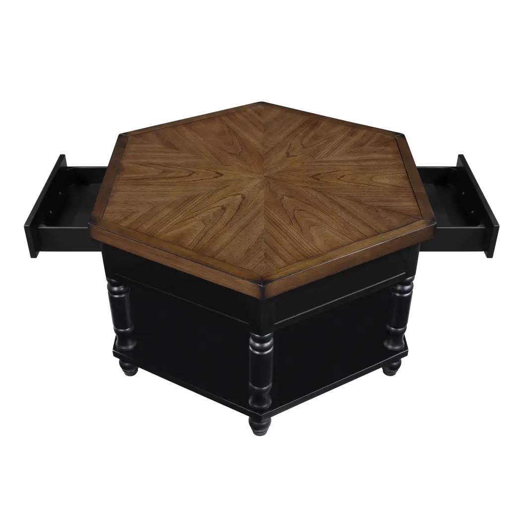 2 Tier Retro Hexagon Solid Wood Coffee Table Shelf Living Room power growth furniture