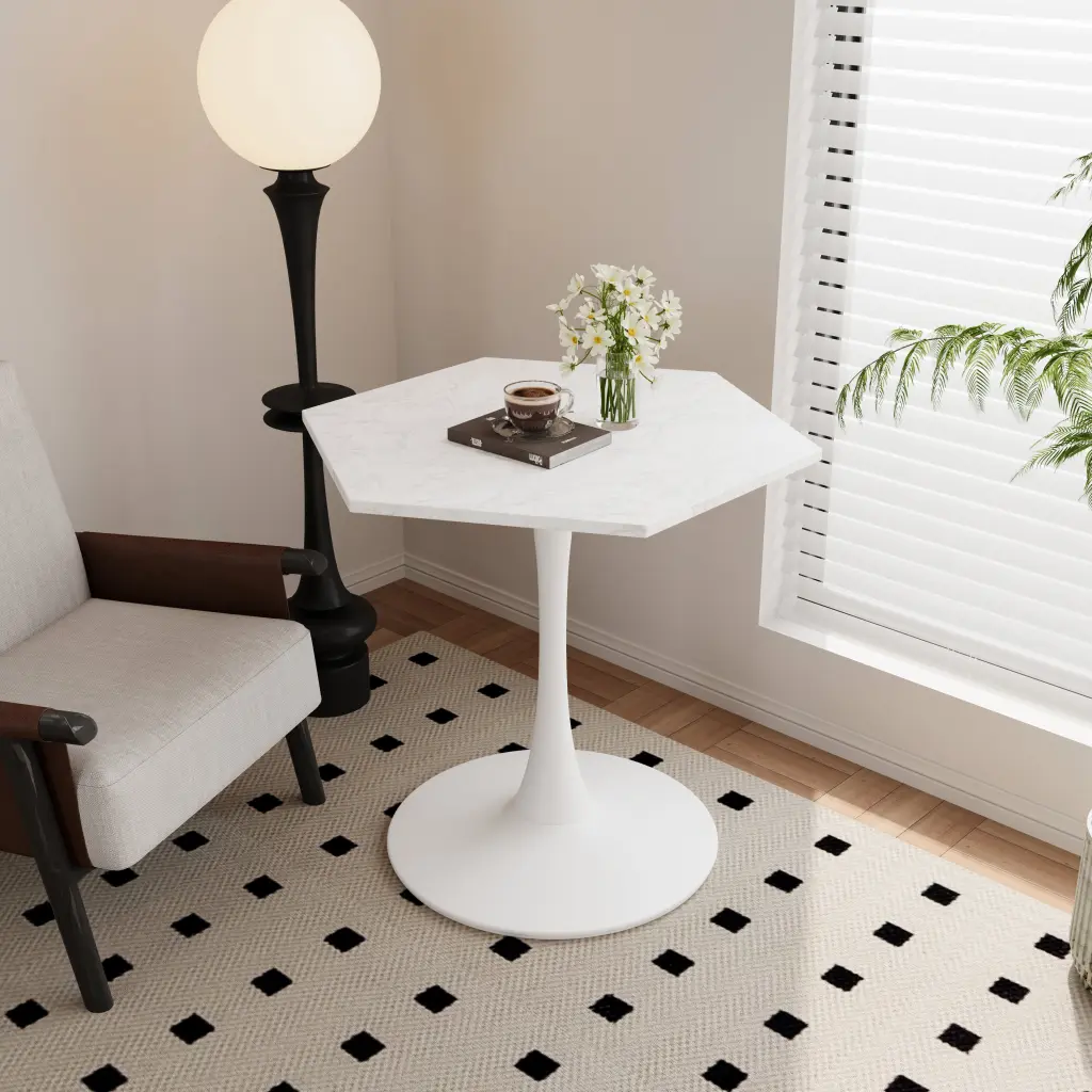 31.50 Inch Modern Hexagonal Coffee Table White Printed Marble Top rnb