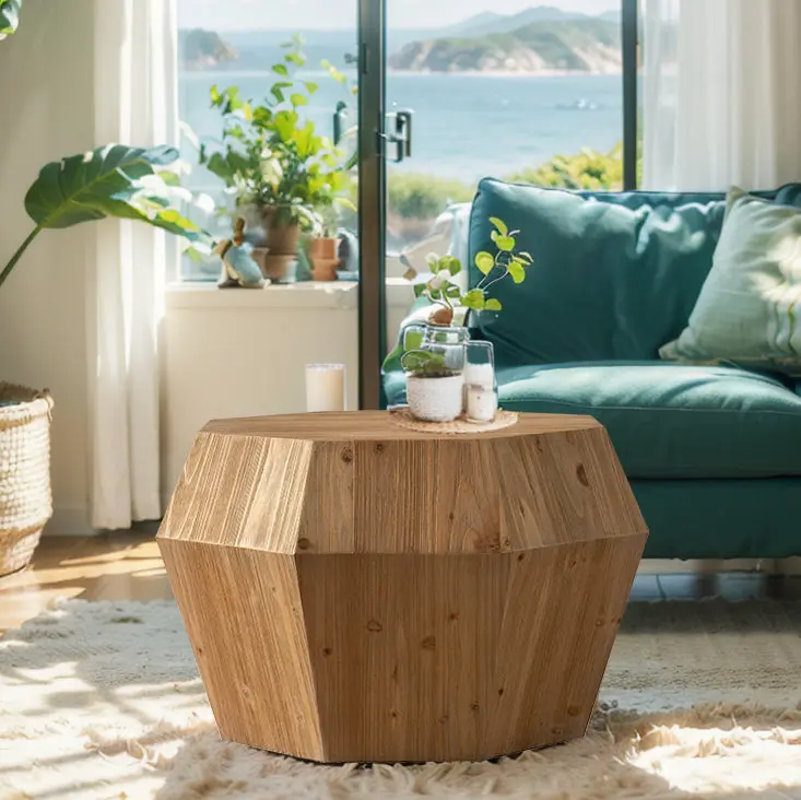 31.50 Inch Octagonal Wooden American Retro Style Coffee Table Natural MDF rnb