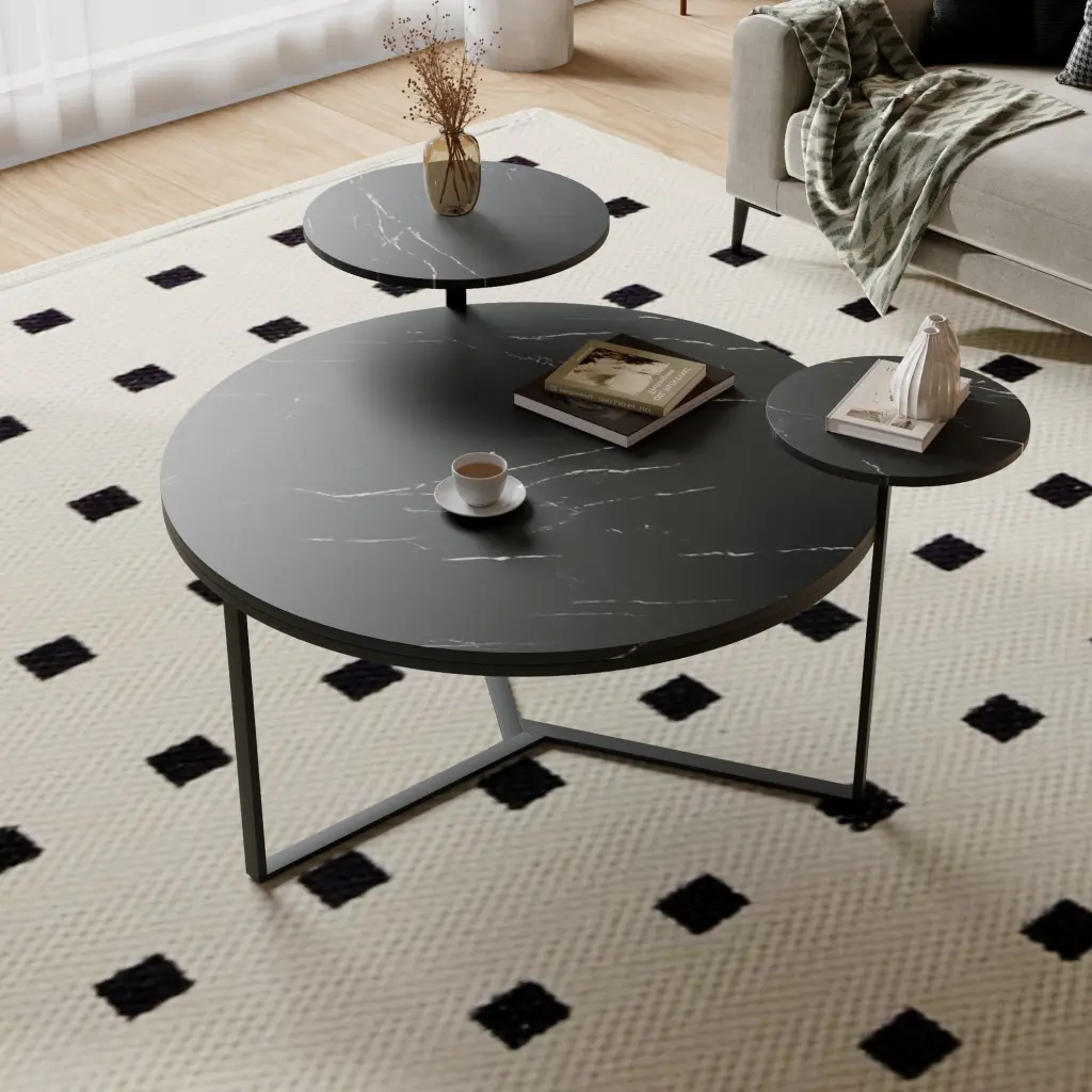 Modern Coffee Table Two Display Shelves Black Faux Stone Surface rnb