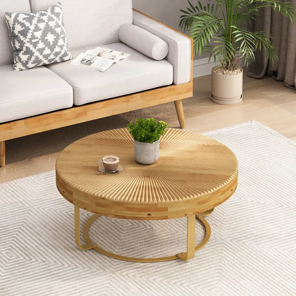 Modern Round Coffee Table Timberen Carving Pattern and Metal Base rnb