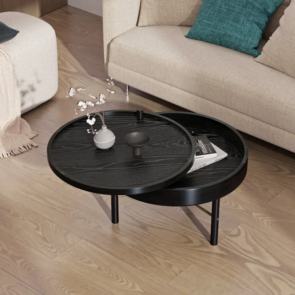 Modern Round Wood Rotating Tray Coffee Table Storage and Metal Legs rnb