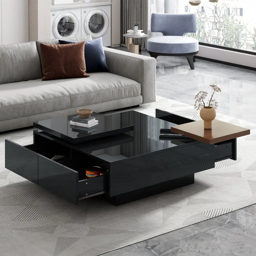 Modern Square Wood Coffee Table Movable Top High Gloss Finish rnb