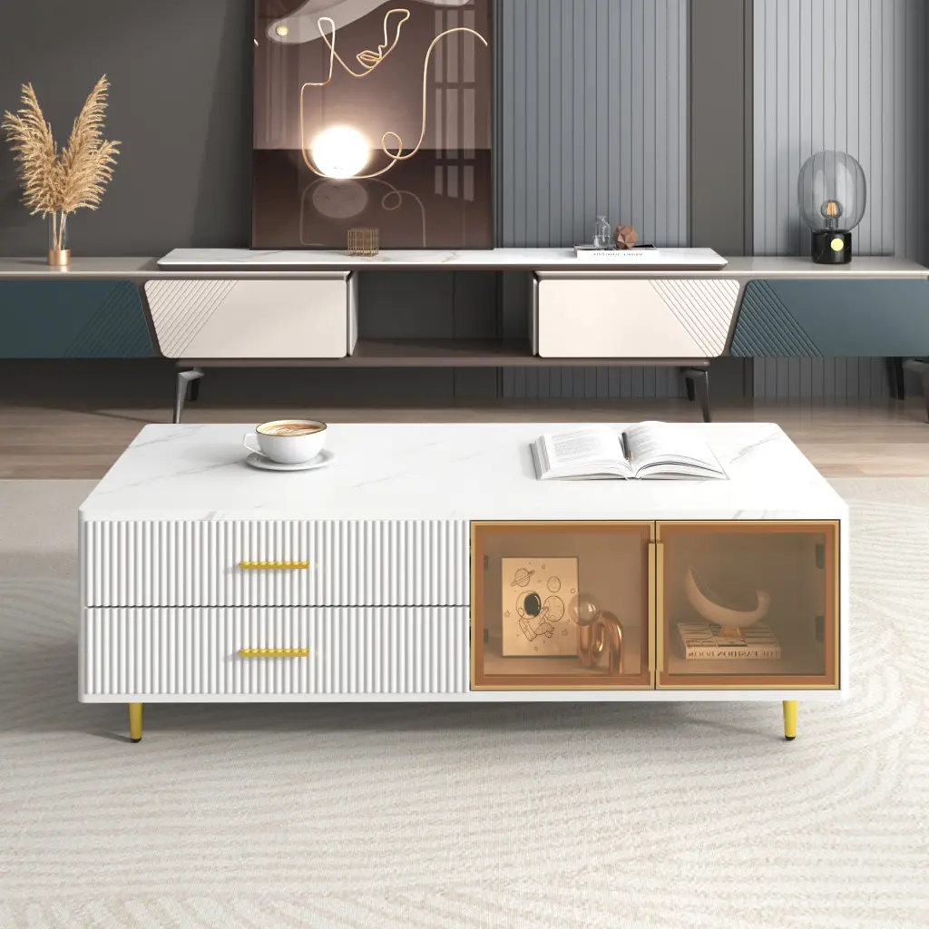 Modern White Coffee Table - 2 Glass Door Storage and 4 Drawers Gold Metal Legs rnb