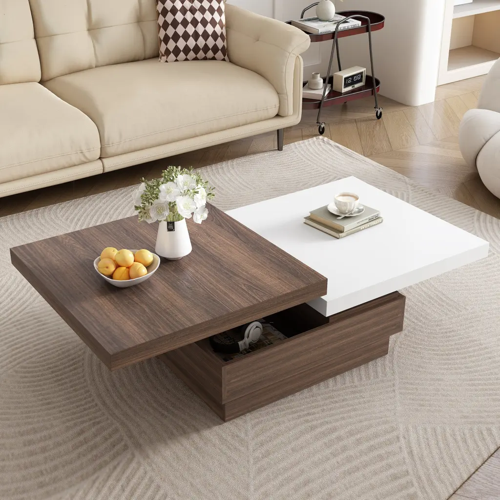 Rotatable Top Coffee Table Modern Square Coffee Table Timber Grain rnb