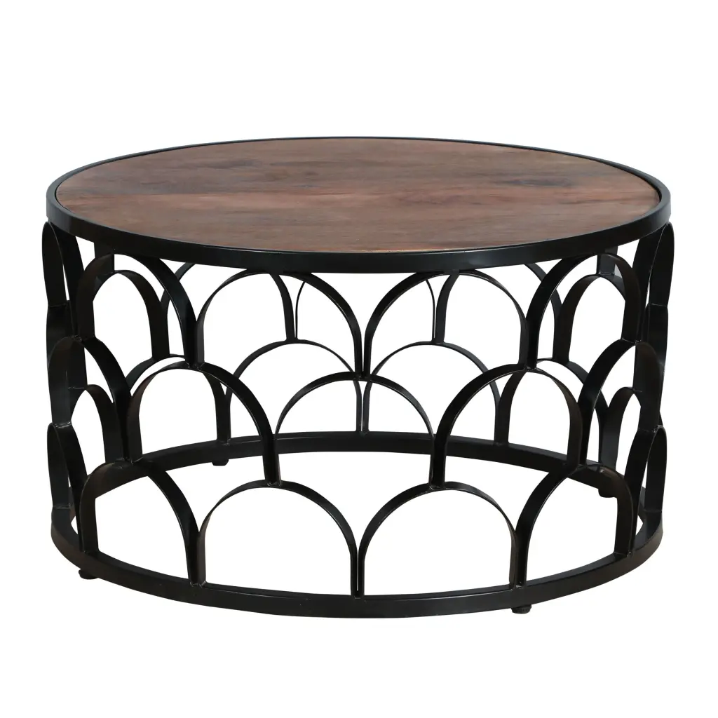 32 Inch Round Coffee Table Mango Wood Top Lattice Cut Out Metal Frame royal hampton