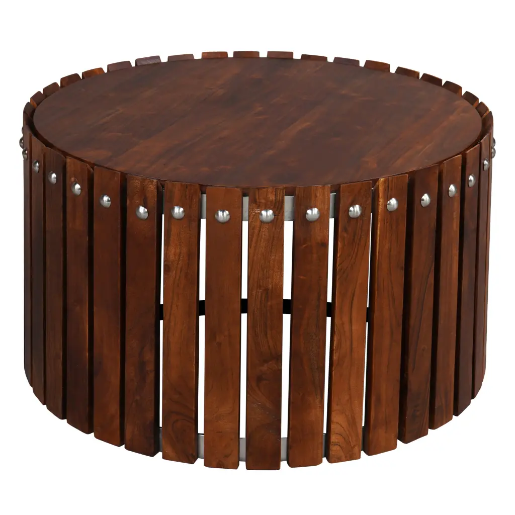 Myla 31 Inch Artisan-made Round Coffee Table Iron Base and Vertical Planks royal hampton