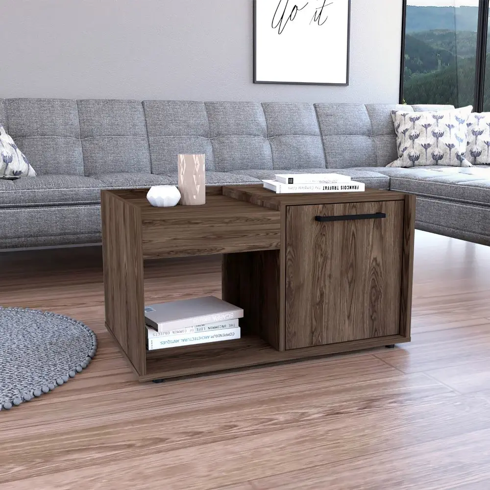 Velvet Coffee Table Open Shelf and Single Door Cabinet Brown MDF Engineered Wood rta muebles colombia