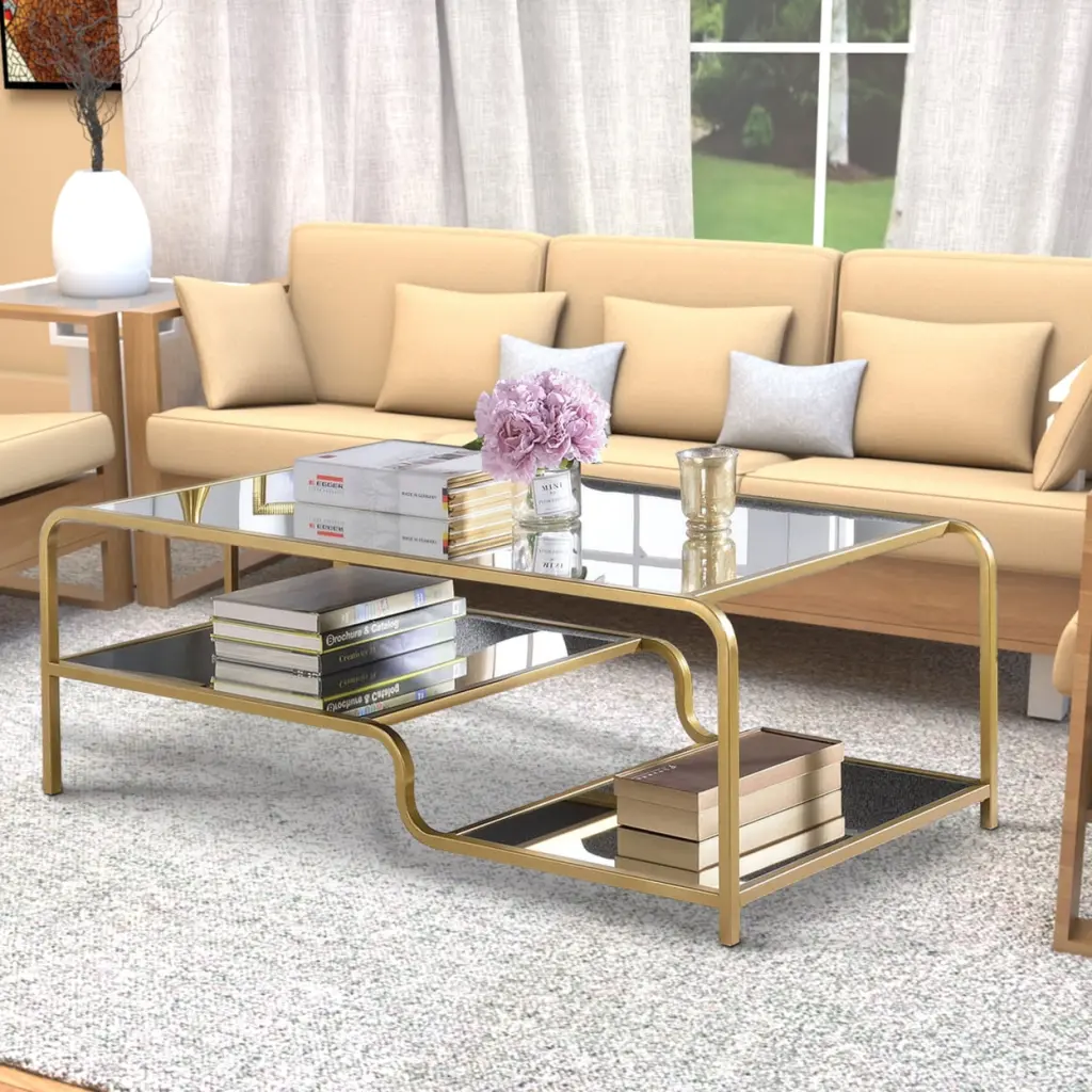 Saltoro Sherpi Metal Framed Mirror Coffee Table Tiered Shelves Gold and Mirror