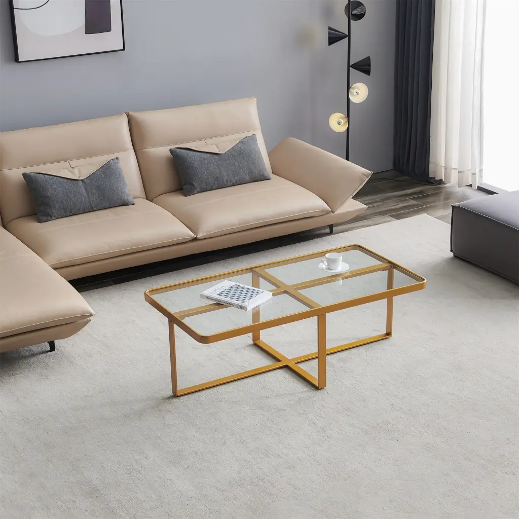 Minimalism Rectangle Coffee Table Golden Metal Frame and Tempered Glass senge furniture