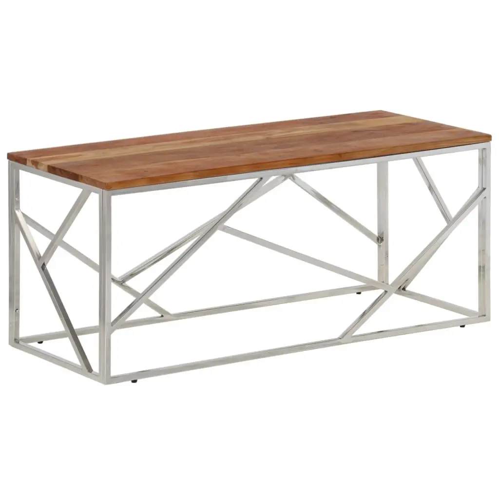 Silver Stainless Steel and Solid Acacia Wood Coffee Table Modern Design