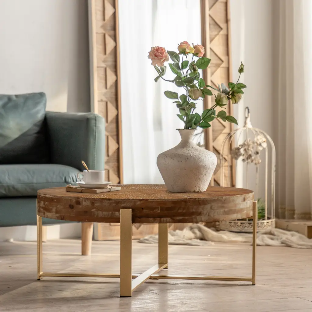 31.29 Inch Modern Retro Splicing Round Coffee Table Fir Timber Table Top spribung